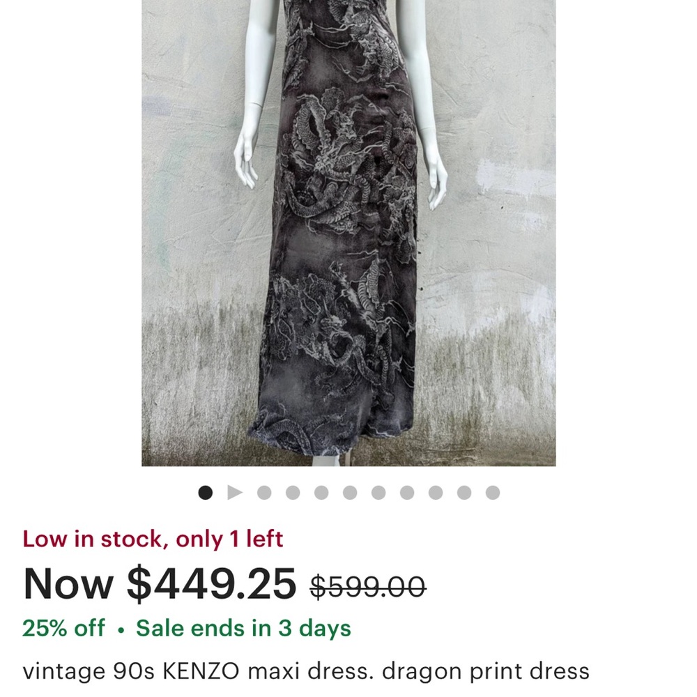 Vintage 1990s Kenzo 100 % silk dragon Black grey Sleeveless maxi Dress - Picture 2 of 6